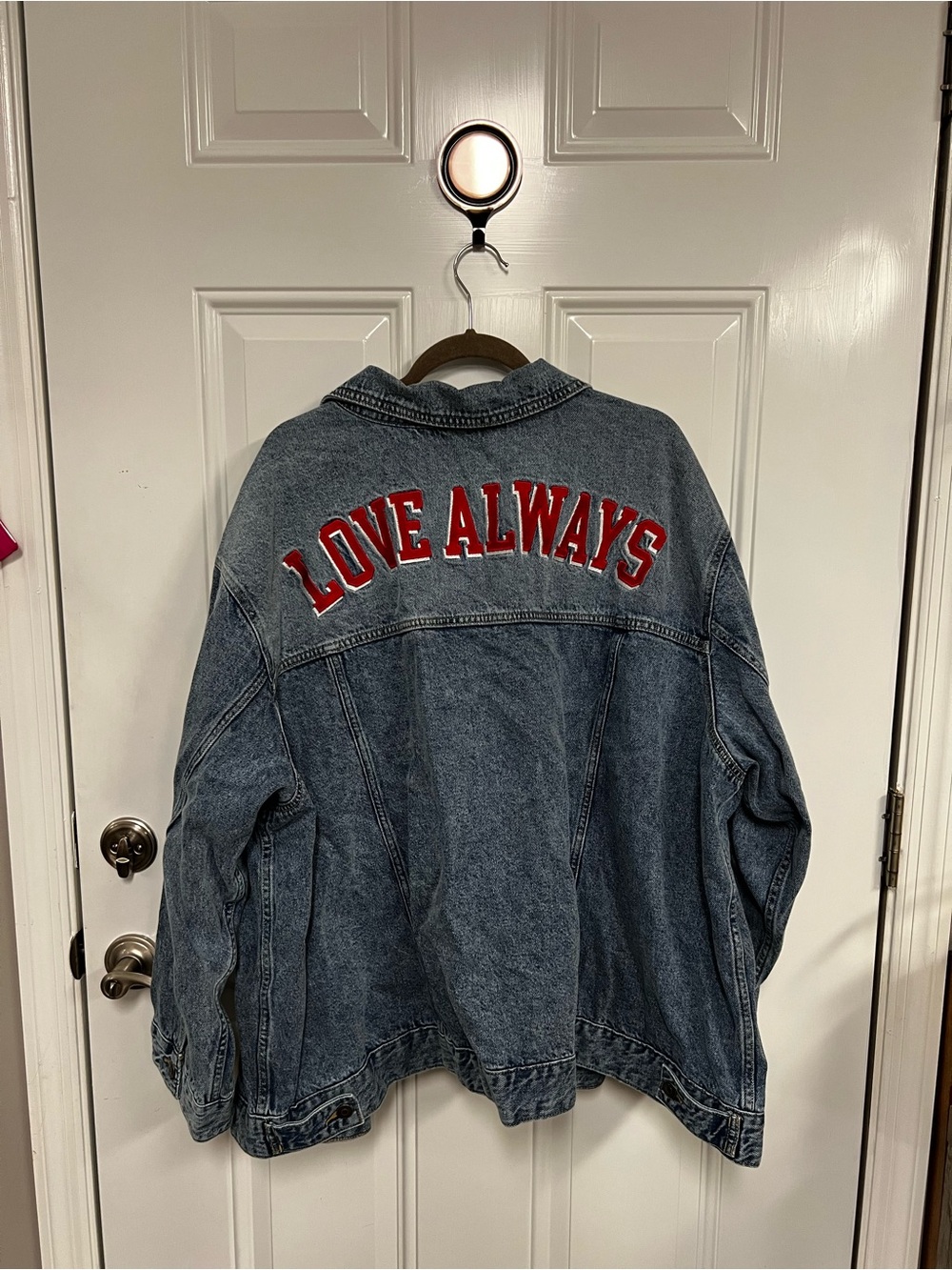 a new day Blue Denim Jacket with Red 'LOVE ALWAYS' Lettering